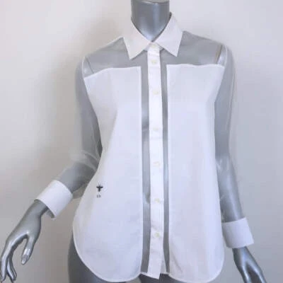 Christian Dior Cotton-Paneled Organza Blouse White Size 36 Button-Up Shirt NEW - Image 1 of 4