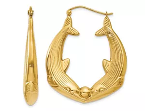 14K Yellow Gold Dolphin Hoop Earrings - Picture 1 of 5