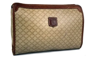 CELINE Brown Beige Macadam PVC Canvas Leather Clutch Bag Handbag Used Italy - Picture 1 of 21