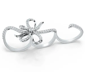 925 Sterling Silver Moissanite Floral Three Finger Statement Ring Womens Jewelry - Picture 1 of 7
