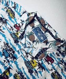 Huntington Beach Club Mens Hawaiian Button Front Shirt L Vintage Cars Palm Trees - Picture 1 of 6