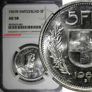 Suiza Plata 1967 B 5 Francos 31,45 mm NGC AU58 KM# 40 (001) - Imagen 1 de 4