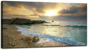 Beach Blue Waves Sunset Canvas Paintings Oil Wall Art Living Room Office Framed - Picture 1 of 5