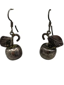 Sterling Silver Apple Cherry Pierced Drop Earrings Mexico Vintage - Picture 1 of 24