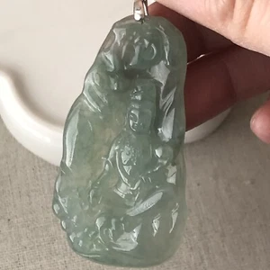50 mm Icy Waterlake Green Jadeite Jade Carved Guanyin Pendant - Picture 1 of 8
