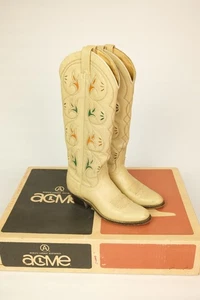 VINTAGE ACME Women’s Sz 5.5A Cream Leather Floral Inlay Western Cowboy Boots - Picture 1 of 15