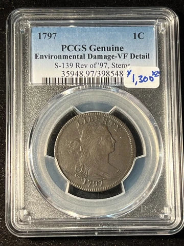 1797 DRAPED BUST ONE CENT PCGS GENUINE VF DETAIL ENV. DAMAGE S-139 REV OF 97 Cover