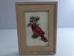 Red Cardinal CrossStitch Needle Point Completed W/Frame Handmade Vintage Bird - Picture 1 of 8
