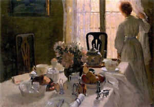 Ölgemälde Emanuel-Phillips-Fuchs Eindruck Frau vor dem Frühstück am Fenster