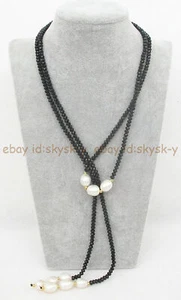 2x4mm Faceted Black Agate 10-11mm Natural White Rice Pearl Lariat Necklace - Picture 1 of 14