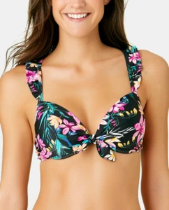 Top bikini California Waves Junior bordeaux push up floreale con volant, nero, taglia XS - Foto 1 di 2