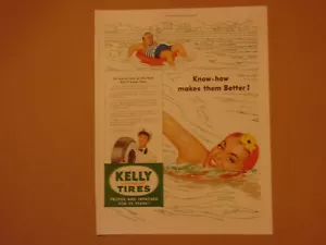 1949 Kelly Springfield Reifen Mädchen Schwimmen Vintage Kunstdruck Anzeige - Bild 1 von 1