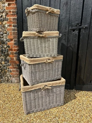 Rectangular Grey-wash Wicker Log Storage Basket with Hessian Liner & Rope Handle - Image 1 of 4