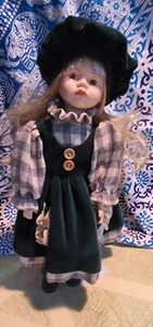 BEAUTIFUL 12" TALL PORCELAIN DOLL ON STAND-GIRL IN GREEN VELOUR DRESS W/HAT - Picture 1 of 1