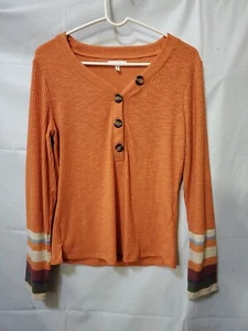 Maurices Heartland Henley Striped Cuff Tee Orange Women Size Medium - Picture 1 of 7