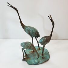 Vtg Metal Art Sculpture of 3 Cranes Herons on Lily Pad Green Patina 10.5 inch