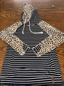 Ampersand&Ave Sweatshirt XL Double hood Leopard pockets thumbhole Striped - Picture 1 of 9