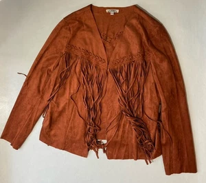 GOOD Womens Faux Suede Open Front Fringe Western Brown Jacket Sweater Size M - Picture 1 of 6