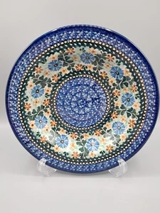 Polish Pottery Unikat EH 78 Pasta Soup Bowl 9.25"x1.25", Blue Flowers - Picture 1 of 4