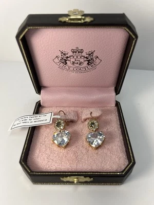 VTG Juicy Couture Gold Plated Faceted Heart Drop Dangle CZ Earrings New in Box - Image 1 of 4