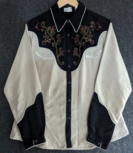 VTG Wrangler Western Snap Shirt Womens L Tan & Black Embroidered Floral Rodeo - Picture 1 of 11