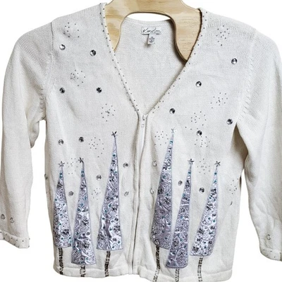 Kim Rogers Womens 2X White Bejeweled Christmas Tree Cardigan Sweater Full Zipper - Image 1 of 4