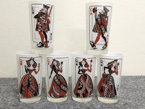 MCM King Queen Poker Playing Cards White Frosted Cocktail Bar Glass Vintage Lot - Picture 1 of 10