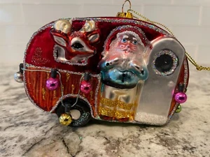 Christmas Santa Camper Travel Trailer Blown Glass Ornament - Picture 1 of 8