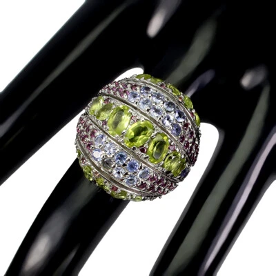 925 Sterling Silver Ring Oval Peridot Sapphire Rhodolite Tanzanite Gemstone 7.5 - Image 1 of 4