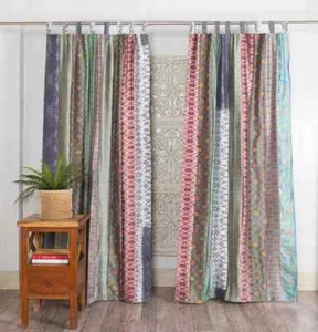 2 Pcs Indian Sari Patchwork Curtain Drape Window Decor Gray Silk Sari Curtain - Picture 1 of 1