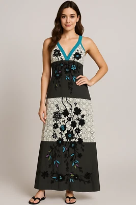 Vestido maxi feminino Save the Queen grande colorblock aplique floral artístico boho Y2K - Imagem 1 de 4