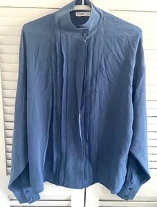 CLOSED 'VALENTINA' UK Med BNWOT Quality Blue 100% Silk High Neck Pintuck Blouse - Picture 1 of 8