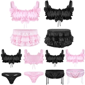 Set Reggiseno Uomo Sissy Frilly Arruffato Senza Ferretto Bralette con Mutandine Set Lingerie - Foto 1 di 48