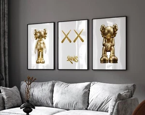 Set of 3 White Gold Kaws Art pieces canvas wall home decor Portrait Gallery - Picture 1 of 6