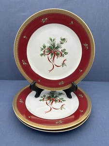 Mikasa PALATIAL HOLLY GOLD Red Ribbon SALAD DESSERT PLATES Gold Trim SET OF 3 - Picture 1 of 12