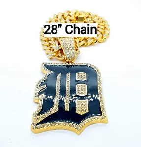 DETROIT TIGERS GEM NECKLACE Gold Bling MLB Hip Hop Baseball Pendant & 28" Chain - Picture 1 of 3