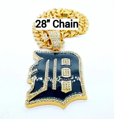 DETROIT TIGERS GEM NECKLACE Gold Bling MLB Hip Hop Baseball Pendant & 28" Chain - Image 1 of 3