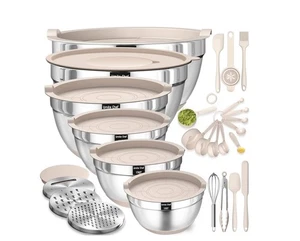 Mixing Bowls with Airtight Lids Set, 26PCS Stainless Steel Khaki Bowls Grater - Picture 1 of 6