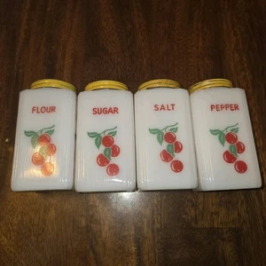 VTG TIPP USA Milk Glass Shakers Salt Pepper Flour Sugar Cherries Yellow Lid Set - Picture 1 of 11