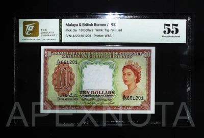 МАЛАЙЯ $10 ДОЛЛАР 1953 P3 AU 55 О UNC QEII БРИТАНСКИЙ БОРНЕО A/23 ПРЕФИКС - Изображение 1 из 2