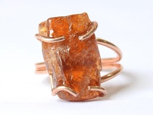 Hessonite Garnet Natural Crystal Rough Wire Wrapping Copper Adjustable Ring - Picture 1 of 8