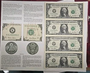2001 $1 Dallas Federal Reserve Note (4) Piece Uncut Sheet Dallas - Picture 1 of 4