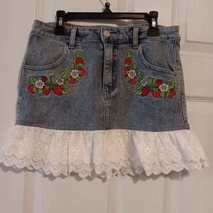 Dolls Kill X Denim Strawberry Shortcake Embroidered Skirt Medium Waist 28" - Picture 1 of 12