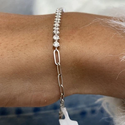 Diamond Bracelet D-F VS1 0.94 Ct Round Half Eternity Lab created 14K White Gold - Image 1 of 4