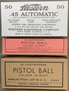 CARTUCHO OCCIDENTAL .45 AUTOMÁTICO/M1911 SEGUNDA GUERRA MUNDIAL NUEVA RÉPLICA CAJAS DE MUNICIÓN-JUEGO DE EXHIBICIÓN DE 3 ETIQUETAS - Imagen 1 de 10
