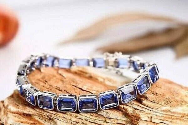 Nuevo brazalete de tenis para mujer de zafiro azul creado en laboratorio de 30 quilates enchapado en oro blanco de 14 k Foto 1 de 4