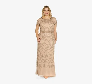 Adrianna Papell Plus Size Short Sleeve Beaded Blouson Gown In Taupe Pink 20W - Picture 1 of 4