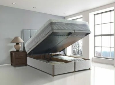 RICHMOND BEDS Luxury Linen Cotton Upholstered Gas Lift Up Ottoman Storage Bed with Headboard