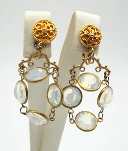 Vintage Clip on Earrings Chandelier Opalescent Glass Bezel Set Gold Tone - Picture 1 of 4