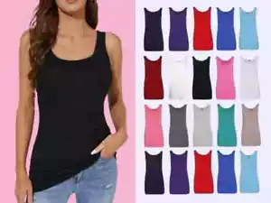 2 PACK WOMENS SCOOP NECK SLEEVELESS LADIES LONG STRETCH PLAIN VEST T-SHIRT TOP - Picture 1 of 16